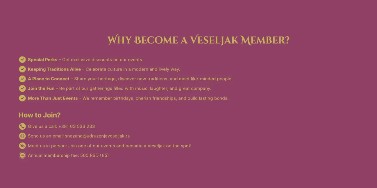 Veseljak website screenshot – Community hub for active adults