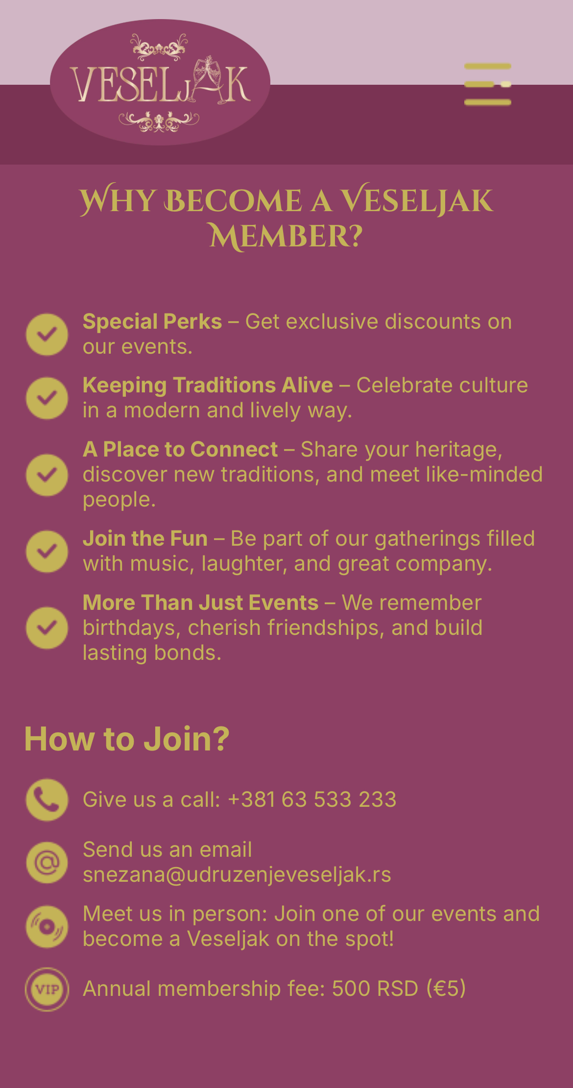 Veseljak website screenshot – Community hub for active adults